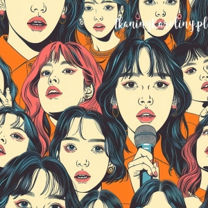 TKANINA WODOODPORNA OXFORD K-POP Dziewczyny z mikrofonami na pomarańczu [6-8] 
