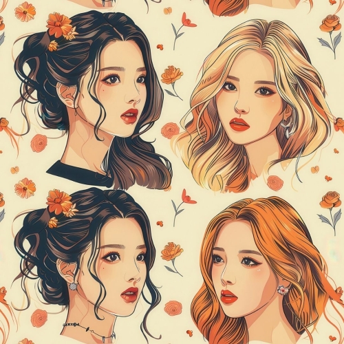 WELUR TAPICERSKI K-POP Dziewczyny, portrety w pomarańczowych kwiatach jasnym tle [6-8]