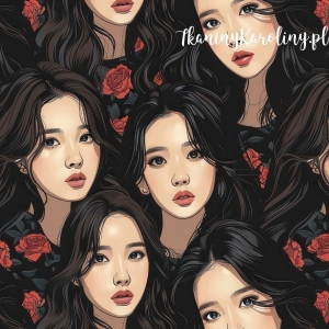 TKANINA WODOODPORNA OXFORD K-POP Dziewczyny, portrety w czerwonych różach na czarnym tle [6-8]