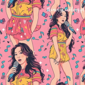 WELUR TAPICERSKI K-POP Dziewczyny, sylwetki z mikrofonami na różowym tle z nutami [6-8]