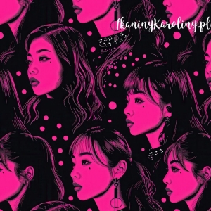 TKANINA WODOODPORNA OXFORD K-POP Dziewczyny, różowe twarze z kropkami na czarnym tle [6-8]