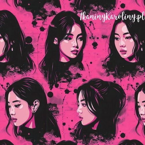TKANINA WODOODPORNA OXFORD K-POP Dziewczyny na różowo-czarnym tle z efektem splash