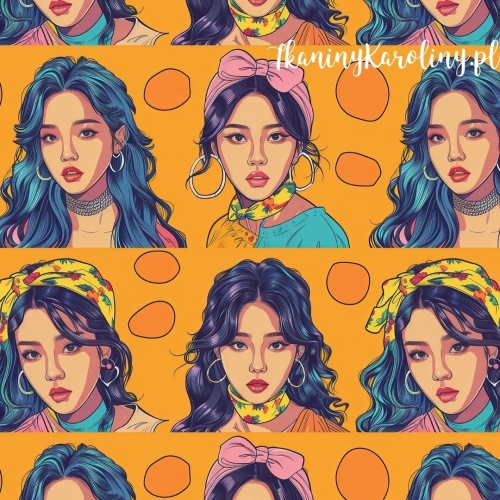 SOFTSHELL WODOODPORNY K-POP Dziewczyny K-POP w stylu pin-up na pomarańczowym tle