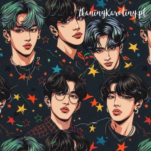 TKANINA WODOODPORNA OXFORD K-POP Chłopcy na ciemnym tle z kolorowymi gwiazdkami
