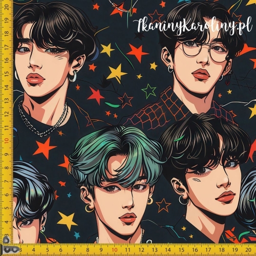 TKANINA WODOODPORNA OXFORD K-POP Chłopcy na ciemnym tle z kolorowymi gwiazdkami