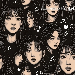WELUR TAPICERSKI K-POP Dziewczyny na czarnym tle, białe nutki [6-8] 