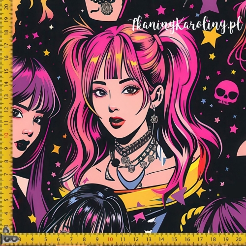 WELUR TAPICERSKI K-POP Dziewczyny, kolorowe gwiazdki i różowe czaszki na ciemnym tle