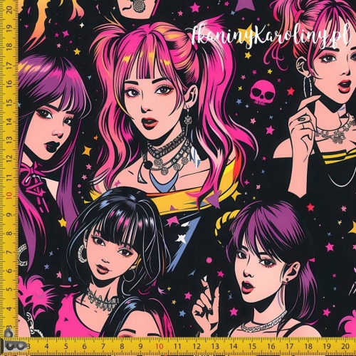 TKANINA WODOODPORNA OXFORD K-POP Dziewczyny, kolorowe gwiazdki i różowe czaszki na ciemnym tle
