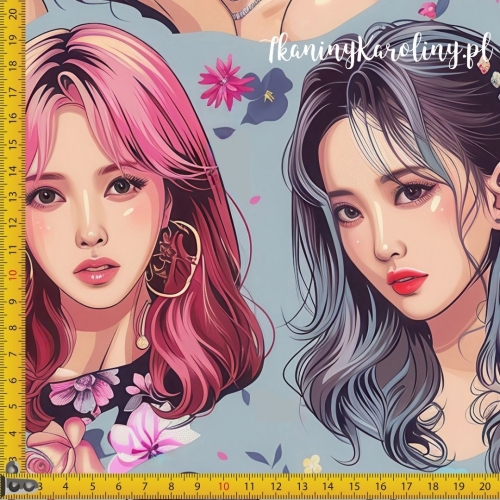 WELUR TAPICERSKI K-POP Dziewczyny, portrety w kwiatach ciemniejszym tle