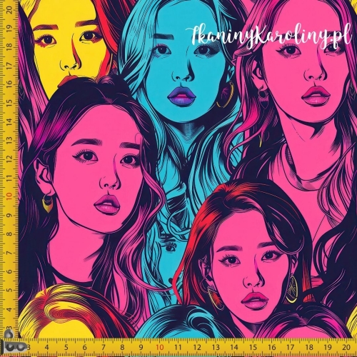 TKANINA WODOODPORNA OXFORD K-POP Dziewczyny - różowe, żółte, niebieskie twarze