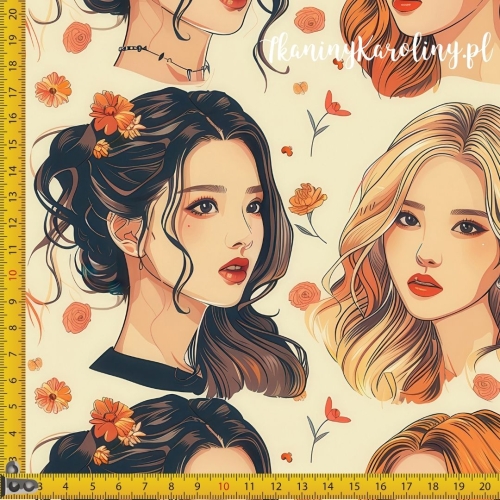 SOFTSHELL WODOODPORNY K-POP Dziewczyny, portrety w pomarańczowych kwiatach jasnym tle