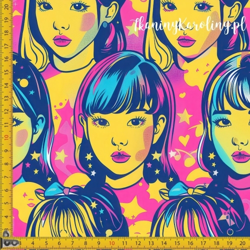 SOFTSHELL WODOODPORNY K-POP Dziewczyny, żółte gwiazdki, plamy i nutki na różowym tle