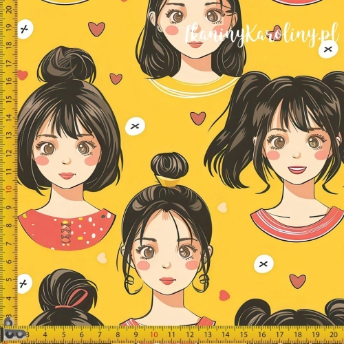 TKANINA WODOODPORNA OXFORD K-POP Dziewczyny z koczkami i kucykami na żółtym tle, serduszka