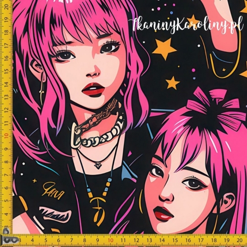 WELUR TAPICERSKI K-POP Dziewczyny, różowo-niebieskie i żółte włosy z gwiazdkami na czarnym tle