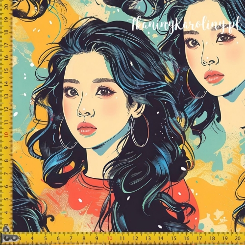 TKANINA WODOODPORNA OXFORD K-POP Dziewczyny w turkusowo-miętowych i musztardowych plamach