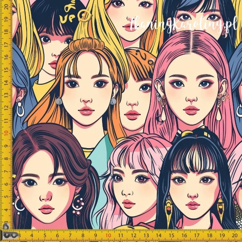 TKANINA WODOODPORNA OXFORD K-POP Dziewczyny, twarze - wielokolorowe fryzury w tłumie