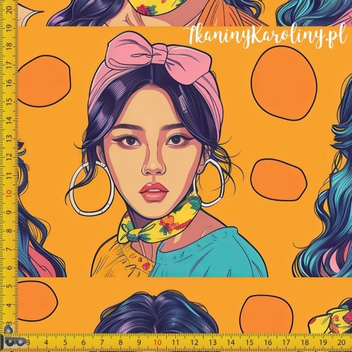 TKANINA WODOODPORNA OXFORD K-POP Dziewczyny K-POP w stylu pin-up na pomarańczowym tle