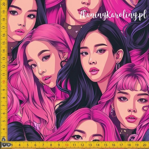 TKANINA WODOODPORNA OXFORD K-POP Dziewczyny - różowe i fioletowe włosy, w tłumie