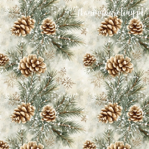 WELUR TAPICERSKI Wzory świąteczne - szyszki na gałęziach w kolumnach pionowych, jasne tło
