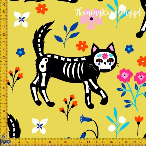 WELUR TAPICERSKI Halloween, Día de los Muertos - kocie szkielety na musztardzie w kwiatach