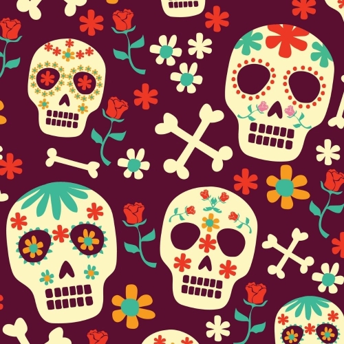 TKANINA WODOODPORNA OXFORD Halloween, Día de los Muertos - czaszki w kwiatach, róże, skrzyżowane piszczele na brązie