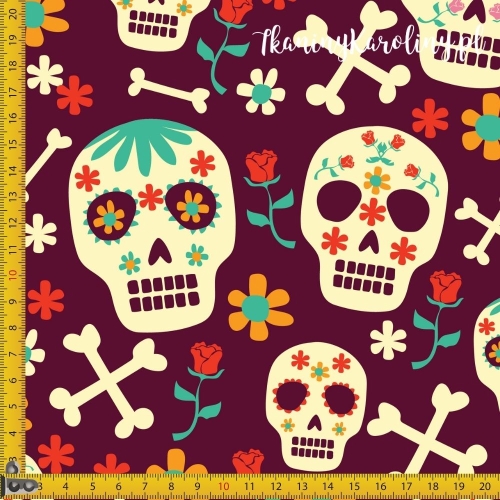 SOFTSHELL WODOODPORNY Halloween, Día de los Muertos - czaszki w kwiatach, róże, skrzyżowane piszczele na brązie