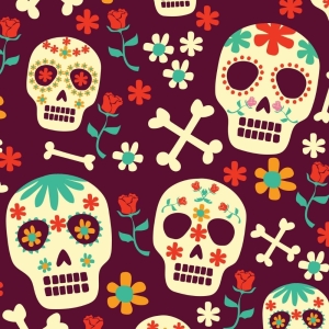 WELUR TAPICERSKI Halloween, Día de los Muertos - czaszki w kwiatach, róże, skrzyżowane piszczele na brązie [6-8] 