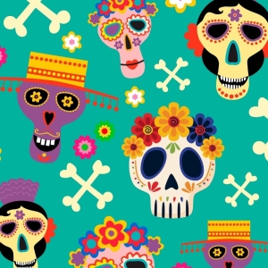 WELUR TAPICERSKI Halloween, Día de los Muertos - czaszki w kwiatach, skrzyżowane piszczele na turkusie [6-8]