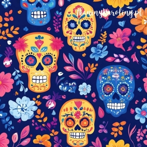 SOFTSHELL WODOODPORNY Halloween, Día de los Muertos - czaszki w różowych i niebieskich kwiatach na ciemnym granacie [6-8]