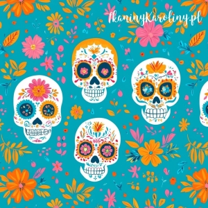 WELUR TAPICERSKI Halloween, Día de los Muertos - białe czaszki na turkusie, żółte i różowe kwiaty [6-8] 