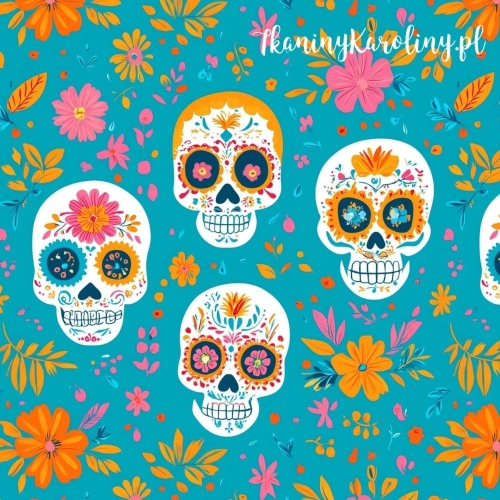 TKANINA WODOODPORNA OXFORD Halloween, Día de los Muertos - białe czaszki na turkusie, żółte i różowe kwiaty