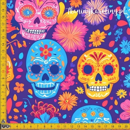 SOFTSHELL WODOODPORNY Halloween, Día de los Muertos - żółte, niebieskie i różowe czaszki w kwiatach na ciemnym fiolecie