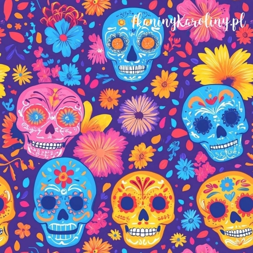 TKANINA WODOODPORNA OXFORD Halloween, Día de los Muertos - żółte, niebieskie i różowe czaszki w kwiatach na ciemnym fiolecie