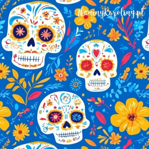 TKANINA WODOODPORNA OXFORD Halloween, Día de los Muertos - białe czaszki, żółte i pomarańczowe kwiaty na niebieskim tle [6-8]