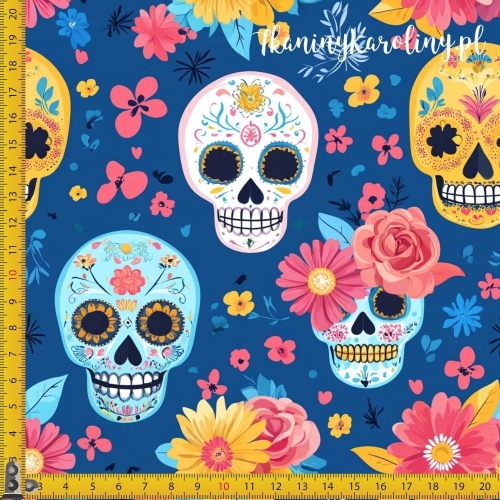 TKANINA WODOODPORNA OXFORD Halloween, Día de los Muertos - białe, niebieskie i żółte czaszki, różowe i żółte kwiaty na granacie