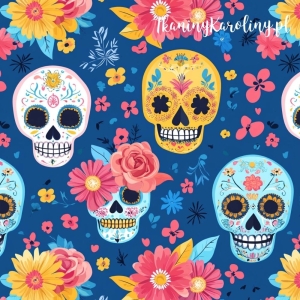 WELUR TAPICERSKI Halloween, Día de los Muertos - białe, niebieskie i żółte czaszki, różowe i żółte kwiaty na granacie [6-8]