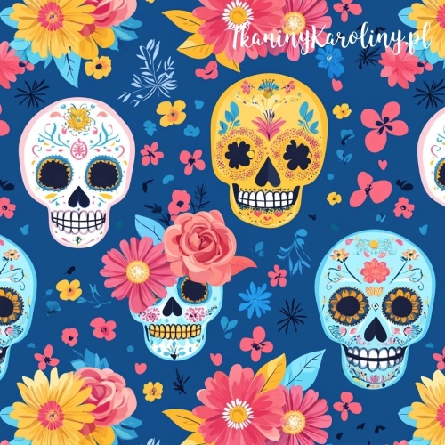 SOFTSHELL WODOODPORNY Halloween, Día de los Muertos - białe, niebieskie i żółte czaszki, różowe i żółte kwiaty na granacie