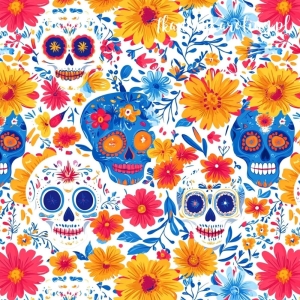 SOFTSHELL WODOODPORNY Halloween, Día de los Muertos - białe i niebieskie czaszki, żółte i pomarańczowe kwiaty na jasnym tle [6-8]