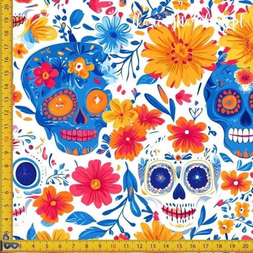SOFTSHELL WODOODPORNY Halloween, Día de los Muertos - białe i niebieskie czaszki, żółte i pomarańczowe kwiaty na jasnym tle