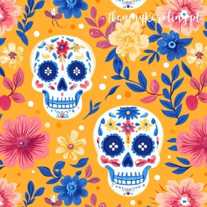 WELUR TAPICERSKI Halloween, Día de los Muertos - białe czaszki w kwiatach i kropki na pomarańczowym tle [6-8]