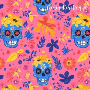TKANINA WODOODPORNA OXFORD Halloween, Día de los Muertos - granatowe czaszki na ciemnoróżowym tle w liściach i kwiaty [6-8]