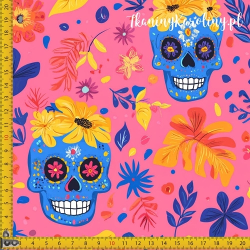 TKANINA WODOODPORNA OXFORD Halloween, Día de los Muertos - granatowe czaszki na ciemnoróżowym tle w liściach i kwiaty
