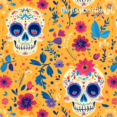 WELUR TAPICERSKI Halloween, Día de los Muertos - kremowe czaszki w czerwonym kwiatach na pomarańczowym tle [6-8]