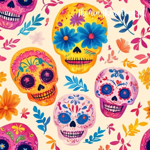 WELUR TAPICERSKI Halloween, Día de los Muertos - różowe i pomarańczowe czaszki, niebieskie kwiaty zamiast oczu na kremowym tle