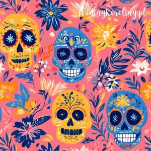 TKANINA WODOODPORNA OXFORD Halloween, Día de los Muertos - żółte i niebieskie czaszki i kwiaty na różowym tle [6-8]