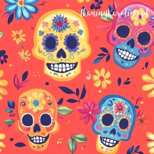 TKANINA WODOODPORNA OXFORD Halloween, Día de los Muertos -błękitne, żółte, różowe i pomarańczowe czaszki na ciemnym pomarańczu [6-8]