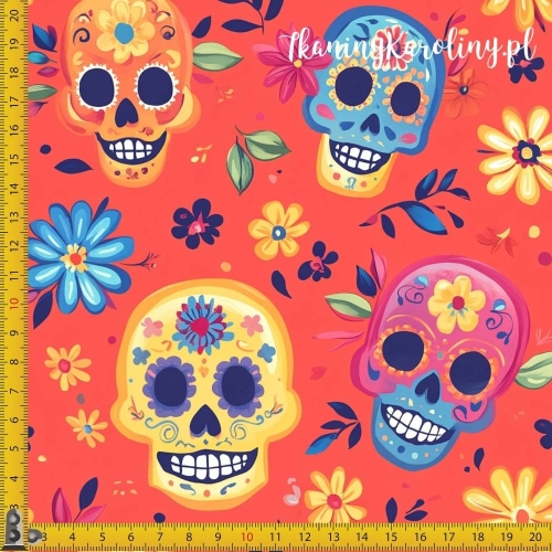 TKANINA WODOODPORNA OXFORD Halloween, Día de los Muertos -błękitne, żółte, różowe i pomarańczowe czaszki na ciemnym pomarańczu
