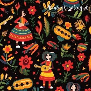 WELUR TAPICERSKI Halloween, Día de los Muertos - Mariachi na czarnym tle w kwiatach [6-8] 