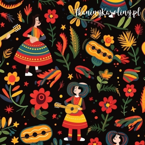 WELUR TAPICERSKI Halloween, Día de los Muertos - Mariachi na czarnym tle w kwiatach [6-8]