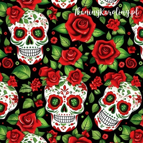 WELUR TAPICERSKI Halloween, Día de los Muertos - białe czaszki w czerwonych różach na czarnym tle [6-8]